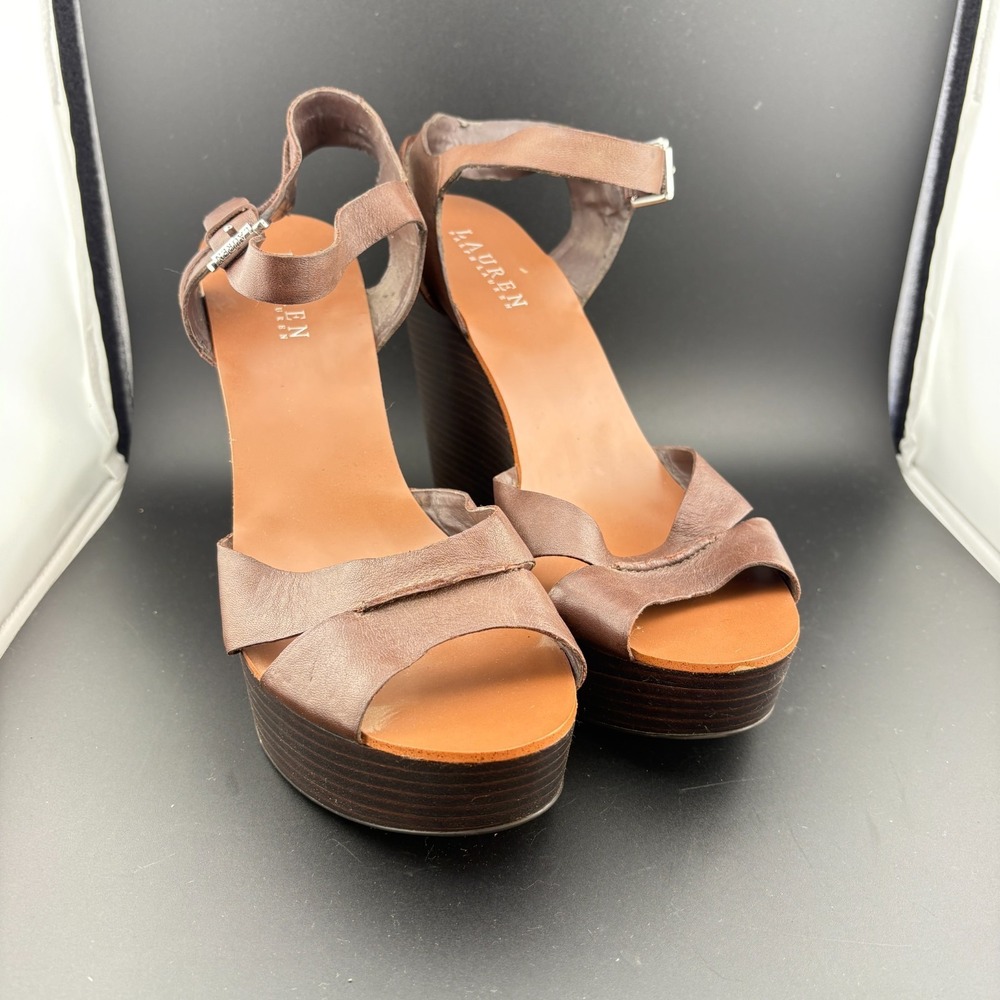 Lauren Ralph Lauren Deirdre Women 10 B Sandal Brown Leather Wedge Heel Slingback